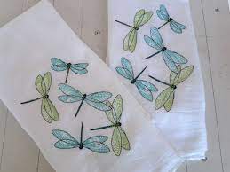 Embroidered Dish Towel Set Of Two Dragonfly Motif Turquoise And Lime Green Flour Sack Kitchen Towels Towel Embroidery Designs Dish Towels Dish Towel Set