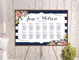 Custom Elegant Colorful Floral Navy Stripe Wedding Seating Chart Printable