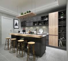 Modern rustic kitchen with gray limestone countertop and wooden island. Goldenhome Cabinetry Rustic Aesthetic Kitchen