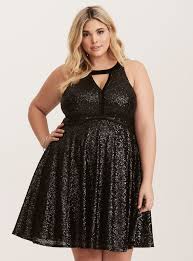 Black Sequin Halter Neck Velvet Detail Babydoll Dress Plus Size Prom Dresses Plus Size Black Dresses Plus Size Cocktail Dresses