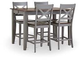 Sumter Gray High Table 4 Barstools In 2021 Grey Round Dining Table Casual Dining Room Set Glass Dining Room Sets