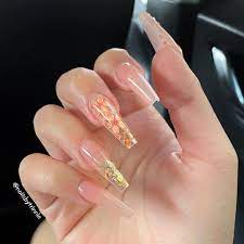 Nails By Trinnie Studio On Instagram Dry Flowers With Encapsulated Gold Butterf Long Acrylic Nails Coffin Ombre Acrylic Nails Acrylic Nails Coffin Short