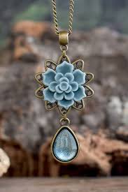 Grayish Blue Lotus Flower Necklace Pale Blue Resin Flower Pendant Lotus Necklace Shabby Jewelry Bride Beaded Jewelry Precious Jewelry Lotus Flower Necklace