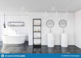 Der abdichtungsvorgang mit silikon verhindert, dass das wasser aus den verbindungen des waschbeckens,. Weiss Geflieste Badezimmer Mit Waschbecken Und Badewanne Stock Abbildung Illustration Von Badewanne Verziert 160858138