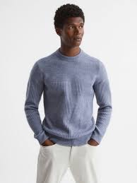 REISS Marcus Crew Neck Ribbed Wool Blend Jumper in Airforce Blue Melange