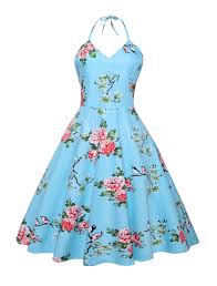 Women Vintage Dresses 1950s Straps Sleeveless Light Sky Blue A Line Floral Dress Milanoo Com