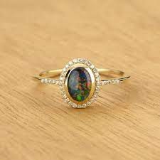 Black Opal Diamond Engagement Ring 14k Gold Black Opal Engagement Ring Opal Diamond Engagement Ring Blue Diamond Engagement Ring