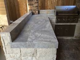 Houston Outdoor Kitchen With Silver Travertine Tile Countertop Outdoor Kitchen Countertops Outdoor Countertop Outdoor Kitchen