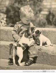 Cute Kid Playing With Two Puppies Old Photo Vintage Children Photos Vintage Dog Vintage Children