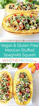This Mexican Stuffed Squash Recipe Combines Roasted Spaghetti Squash With Black Bean Corn Relish Squash Recipes Spaghetti Squash Recipes Vegan Vegan Spaghetti