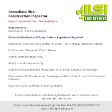 Ilsi Engineering On Twitter Immediate Hire Construction Inspector Excellent Salary Engineering Jobs Apply Now Https T Co Ggmyr431ww