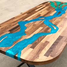 Walnut Blue Green Resin River Dining Table Dining Table Blue Green Green