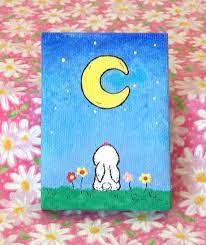 Take some old yarn to dip in your favorite colors and place them on a large canvas to create a mesmerizing and classing yarn canvas painting. Children S Art Bunny Gazing At The Moon On A Star Lit Night Mini Canvas Bunny Art Painting Acrylic 2 5 Kids Canvas Art Kids Canvas Painting Mini Canvas Art