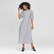 Women S Striped Puff Sleeve Midi Dress Who What Wear Black White Xs Black White Stripe Puff Sleeve Midi Dresses Dresses Puff Sleeve Dresses
