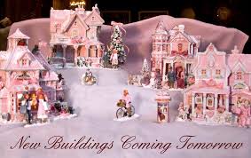 Department 56 snow village christmas at grandma's lit house. Shabby Pink Chic Christmas House Village Farm French Country Holiday Time Pink Christmas Diy Christmas Village Romantic Christmas