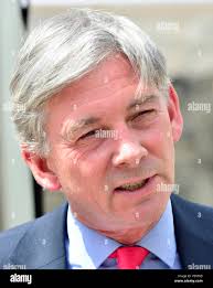 Scottish Labour leader Richard Leonard outside Alexander Dennis bus  manufacturer in Falkirk, Scotland where he met with union representatives  Paul Leckie(L) and David Broadfoot Stock Photo
