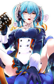 kamemushi (hoozuki), lapis (sennen sensou aigis), sennen sensou aigis,  brown footwear, bad id, bad pixiv id, highres, translation request, 1girl,  :o, bad food, blue gloves, blue hair, blue skin, breasts, brown eyes,