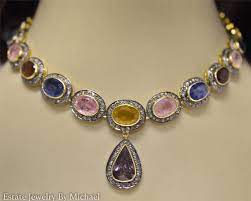 Victorian Multi Color Sapphire Diamond Lavalier Necklace Diamond Pendant Necklace Simple Jewelry Gorgeous Jewelry