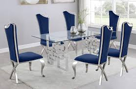 Blue fabric rope center cinched footstool ottoman. Nikola 7pc Silver Navy Blue Dining Table Set By Best Quality Furniture