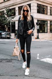 Fashion Jackson Wearing Madewell Black Leather Jacket Black Sweater Black Ripped Skinny Jeans Jacket Outfit Women Black Leather Jacket Outfit Superstar Outfit
