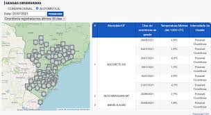 O mapa indica apenas a possibilidade da ocorrência de geada, baseada na temperatura mínima registrada pela estação meteorológica automática naquele local. Kctzoyau4oi2vm