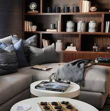 L Shape Sofa With Casual Bookcase Joinery Transitional Home Decor Interior Design L Shaped Sofa