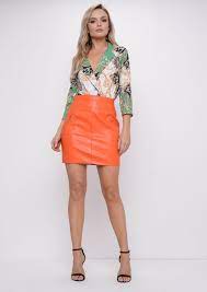 Leather Look Mini Skirt Orange