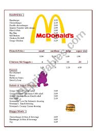 Projdi si menu a vyber si, co si u nás dáš příště! Mcdo Menu Esl Worksheet By Esls