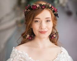 Burgundy Flower Half Wreath Wedding Half Crown Wedding Jewellery Dark Pink  Flower Crown Magaela Accessories Magenta Wedding Headpiece