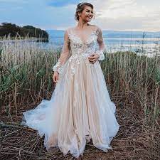 Limited time sale easy return. Smileven Champagne Wedding Dresses Long Sleeve Lace Appliques Boho A Line Bridal Gowns Sexy V Neck Wedding Gown Vestide De Noiva Wedding Dresses Aliexpress