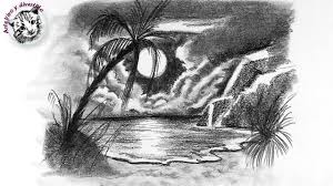 Como Dibujar Una Playa Tropical De Noche Con Lapiz Muy Facil Y Paso A Paso Como Dibujar Una Playa Paisaje A Lapiz Playa Dibujo