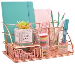 We offer a vast collection of desk accessories for women and men that are uplifting and motivational. Rose Gold Desk Organizer For Women Cosyawn All In One Mesh Office Supplies Desk Accessories Features 5 Compartments 1 Mini Sliding Drawer Buy Online In Cayman Islands At Cayman Desertcart Com Productid 217579439