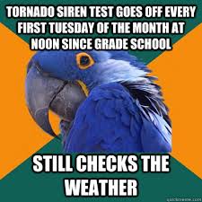 Tornado Siren Test Goes Off Every First Tuesday Of The Month At Noon Since Grade School Still Checks The Weather Paranoid Parrot Quickmeme