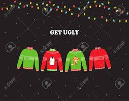A mixed race couple of caucasian and african american decent hold their screaming and crying baby up as they kiss his cheeks wearing festive ugly christmas sweaters while holding a mistletoe above. Cute Banner For Ugly Sweater Party Holiday Background With Christmas Sweater Royalty Free Cliparts Vectors And Stock Illustration Image 113457836