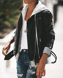 Dylan Hooded Faux Leather Bomber Jacket Love This Jacket And The Casual Look Black Bomber Jacket Outfit Bomber Jacket Outfit Casual Leather Jacket Outfit