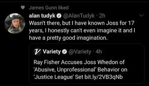 Ray fisher reveals details about how dc films president walter hamada threw joss whedon under the bus amidst allegations of justice league set abuse. Social Media James Gunn Likes Tweet In Defense Of Joss Whedon Dc Cinematic