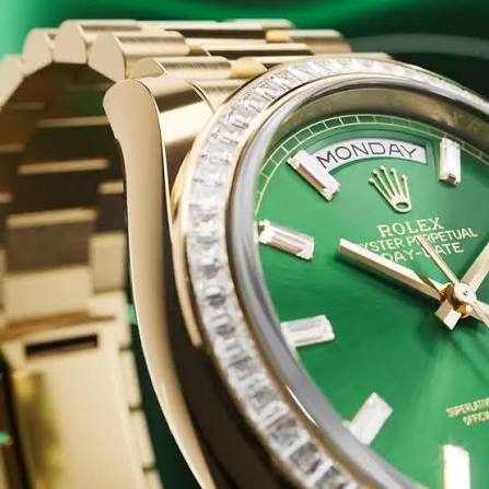 Armonía de los elementos. Con un bisel engastado con 60 diamantes talla  trapecio y una esfera verde vivo con 10 índices engastados de diamantes  talla «baguette», este @Rolex Day-Date 36 en oro ...