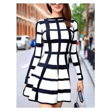 Black White Checkered Skater Dress Liked On Polyvore Featuring Dresses White And Black Dress Checked D Long Sleeve Plaid Dress Fashion Dresses With Sleeves