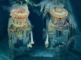 Two of titanic's engines lie exposed in a gaping cross section of the stern. Unseen Titanic