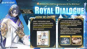Alchemy Stars on X: Novio is excited to announce Royal Dialogue, part 2  of our Half-Year Anniversary AS You Wish Event! Submit 1 #AlchemyStars  related dialogue using the provided template. Use the