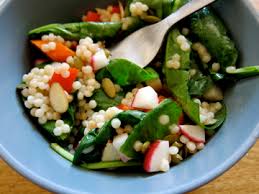 Add the cooked couscous and arugula to the yogurt mixture, tossing to combine. The Lunch Crunch Israeli Couscous Salad With Miso Dressing Figsinmybelly
