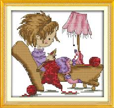 Us 3 65 42 Off Joy Sunday A Girl Learn Knitting Cross Stitch Pattern Kits Handcraft Make Embroidery With Chart In Package From Home Garden On