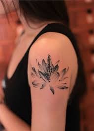 Amazing Black Ink Lotus Tattoo On Girl Left Shoulder By Khandiie Tattoos Watercolor Lotus Tattoo Lotus Flower Tattoo Design