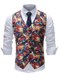 Paint Flower V Neck Back Belt Waistcoat Mens Suit Vest Mens Formal Wear Mens Outfits