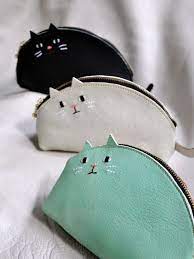 ねこの ネ コスメポーチ グレー handmade leather tote leather wallet pattern animal bag
