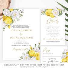 Yellow And Gold Wedding Set Template Editable Floral Wedding Suite Whit Yellow Floral Wedding Invitations Gold Wedding Invitations Floral Wedding Invitations
