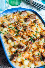 Easy Alfredo Sausage And Gnocchi Bake Copykat Recipes Recipe Ground Sausage Recipes Italian Sausage Recipes Sausage Recipes For Dinner