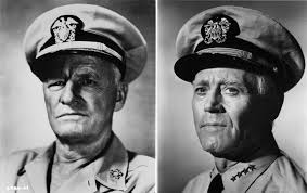 Admiral Chester W. Nimitz when he became a five-star admiral, and Henry  Fonda who portrayed him in a scene from the film 'Midway' (1976).