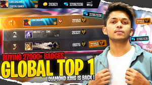 Free fire redeem codes are unique codes that enable players to get new gun skin, premium outfits, vehicle skins, and more for free. Global Top 1 Diamond King Is Back Buying 27 000 Badges Garena Free Fire Youtube