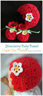Directory of free crochet patterns. Strawberry Baby Bonnet Booties Set Crochet Free Pattern Crochet Knitting